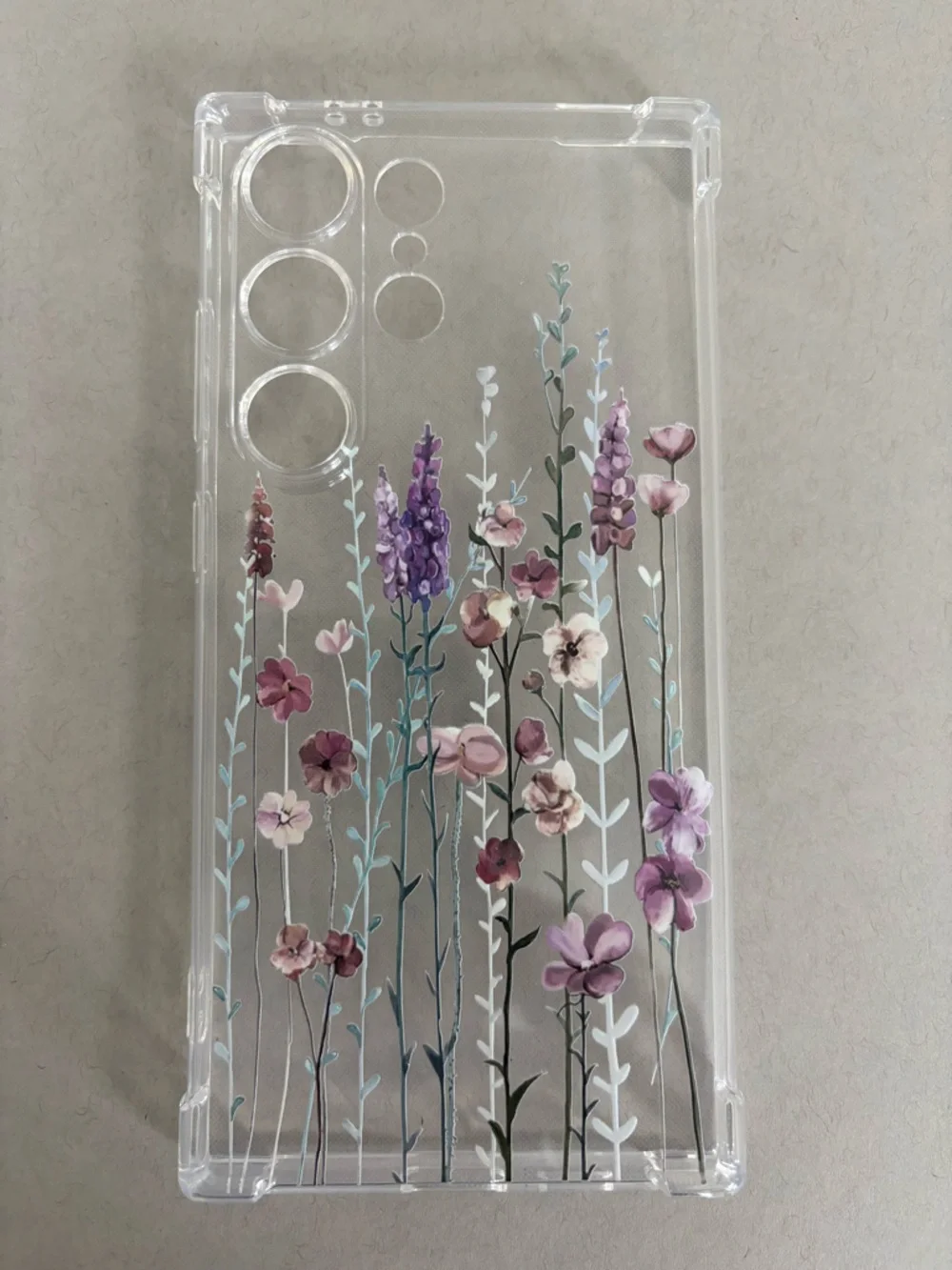 Clear Floral Phone Case with Purple Wildflowers for Galaxy S24.